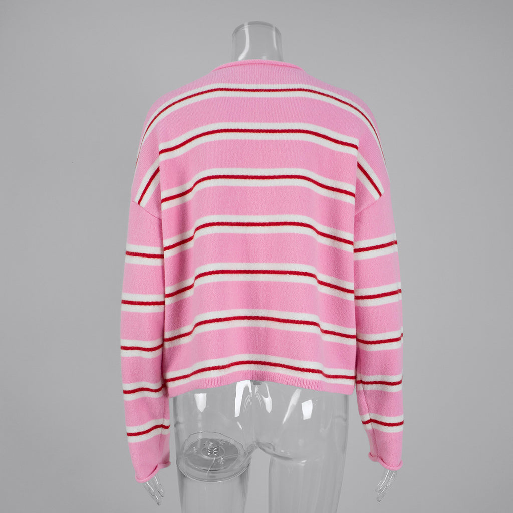 Rolled Edge Double Stripe Knit Cardigan - Pink - 7