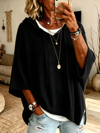 Knit Hooded Dolman Sleeve Oversized Pullover Sweater - Black