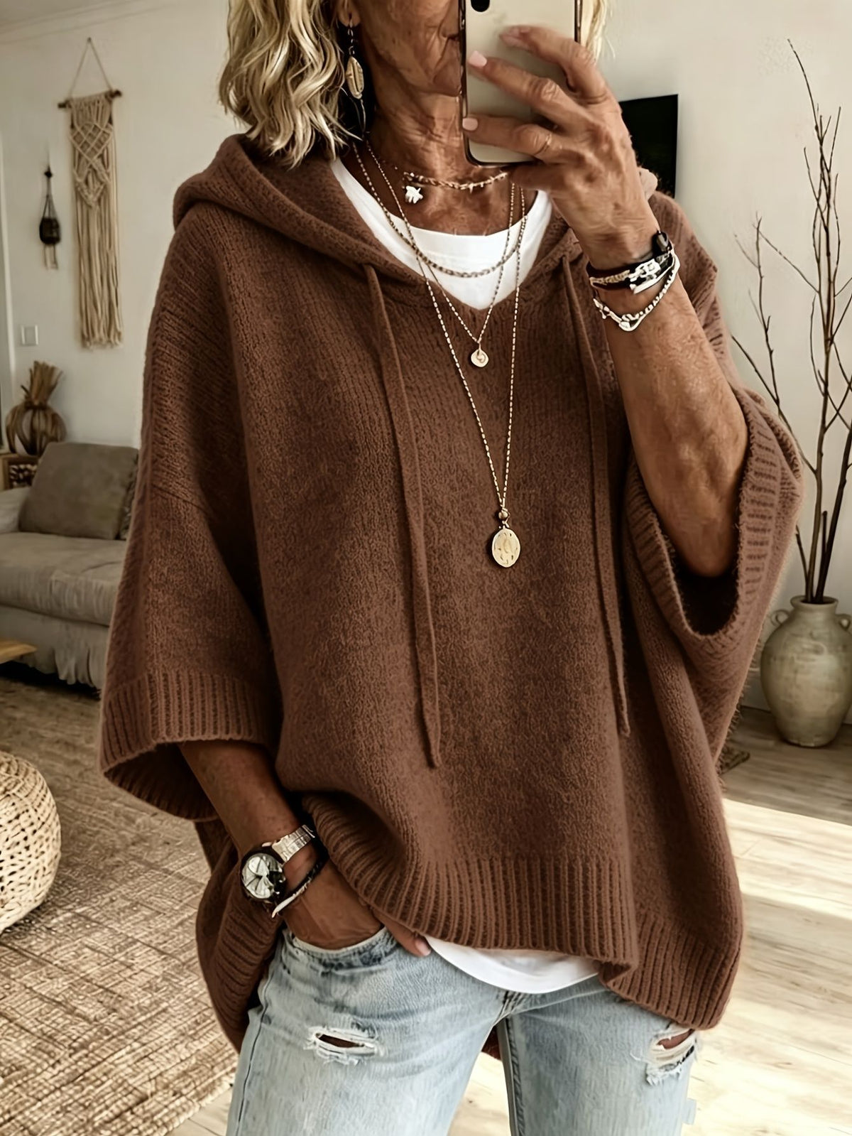 Knit Hooded Dolman Sleeve Oversized Pullover Sweater - Brown