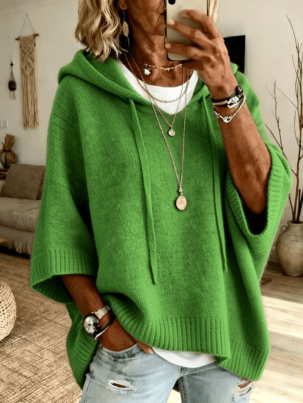 Knit Hooded Dolman Sleeve Oversized Pullover Sweater - Green