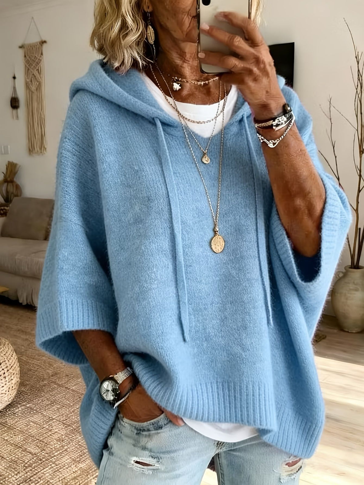 Knit Hooded Dolman Sleeve Oversized Pullover Sweater - Light_Blue