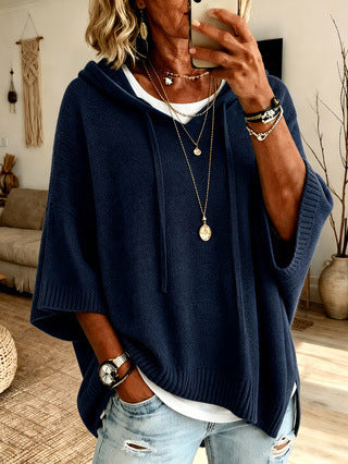 Knit Hooded Dolman Sleeve Oversized Pullover Sweater - Navy