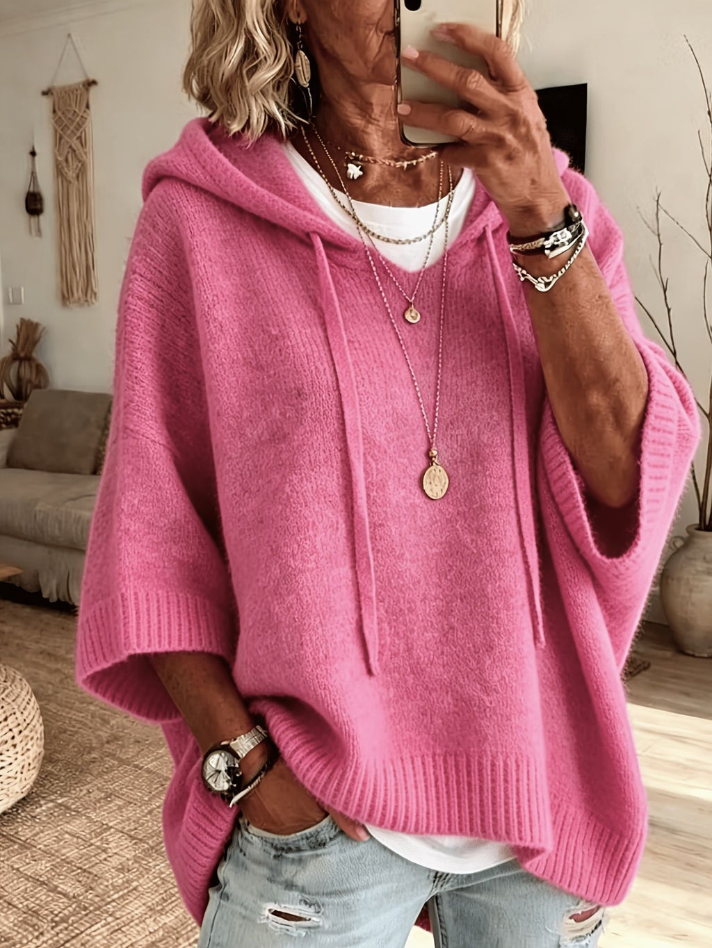 Knit Hooded Dolman Sleeve Oversized Pullover Sweater - Pink