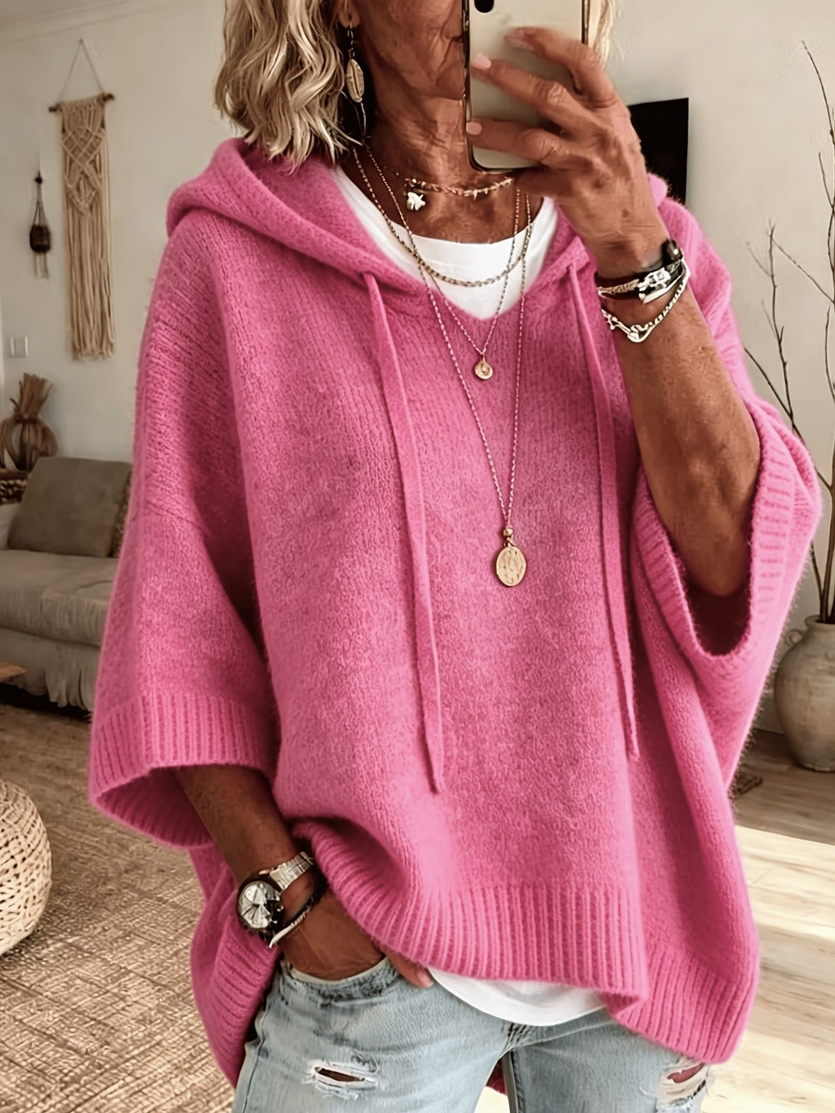 Knit Hooded Dolman Sleeve Oversized Pullover Sweater - Pink