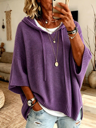 Knit Hooded Dolman Sleeve Oversized Pullover Sweater - Purple