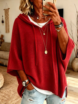 Knit Hooded Dolman Sleeve Oversized Pullover Sweater - Red