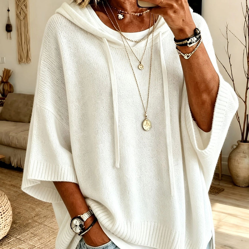 Knit Hooded Dolman Sleeve Oversized Pullover Sweater - White
