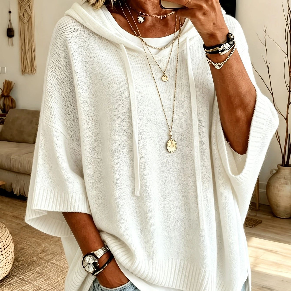 Knit Hooded Dolman Sleeve Oversized Pullover Sweater - White