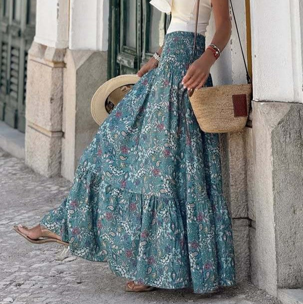 Floral Tiered Elastic Waist Maxi Skirt - Blue