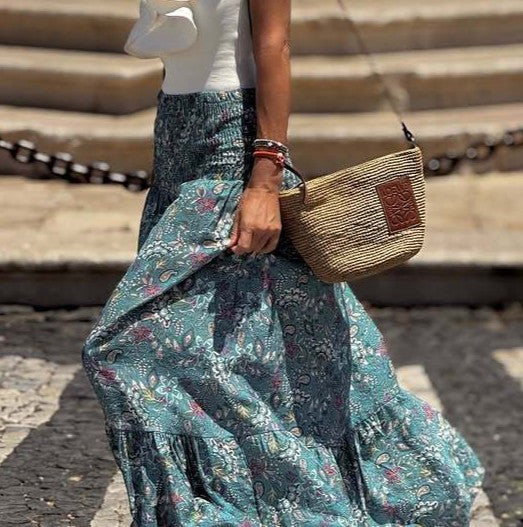 Floral Tiered Elastic Waist Maxi Skirt - Blue - 1