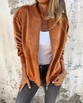 Zip Front Suede Effect Bomber Jacket - Brown