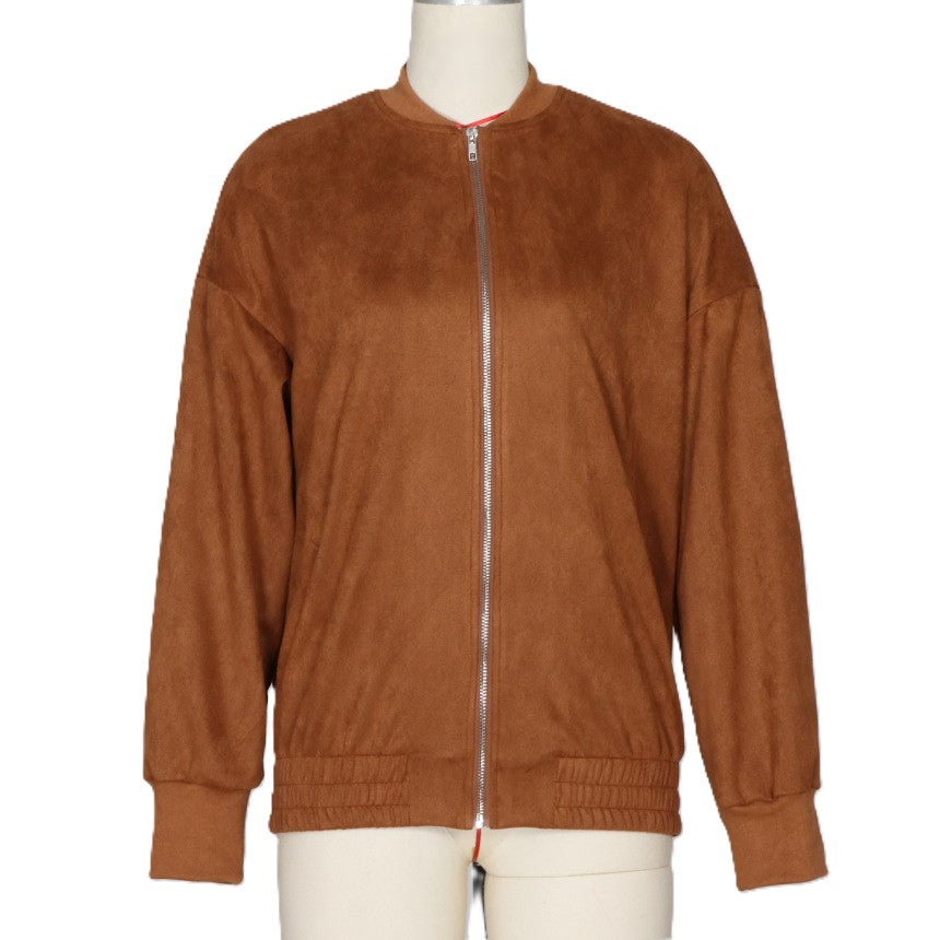 Zip Front Suede Effect Bomber Jacket - Brown - 1