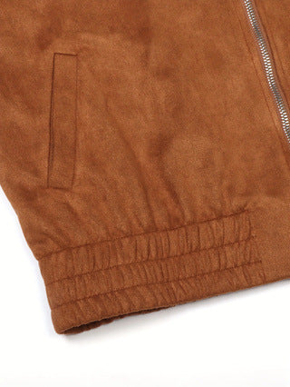 Zip Front Suede Effect Bomber Jacket - Brown - 5