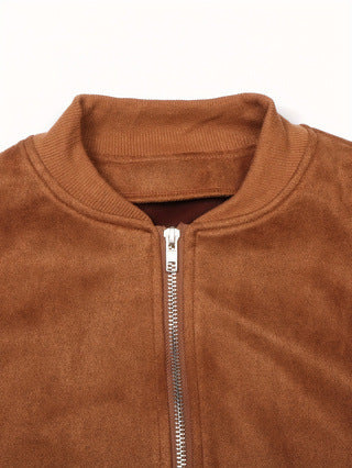 Zip Front Suede Effect Bomber Jacket - Brown - 6