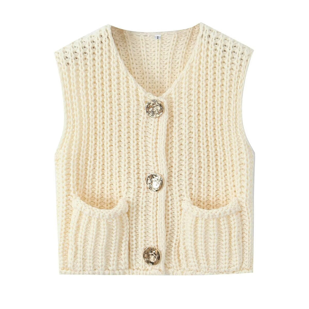 Chunky Rib Knit Button Vest With Pockets - Apricot