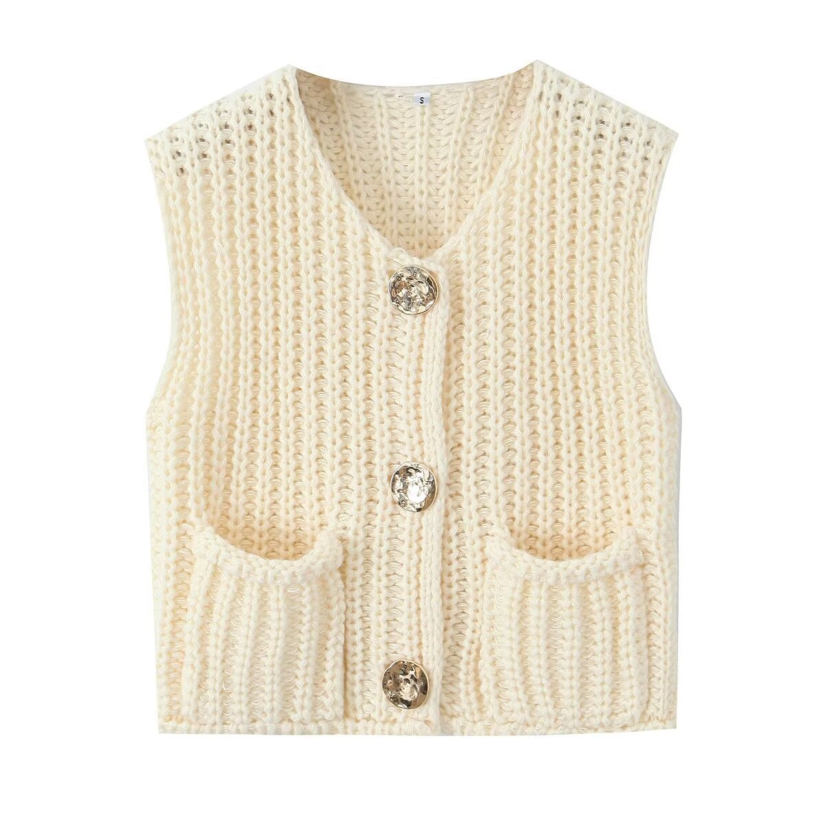 Chunky Rib Knit Button Vest With Pockets - Apricot