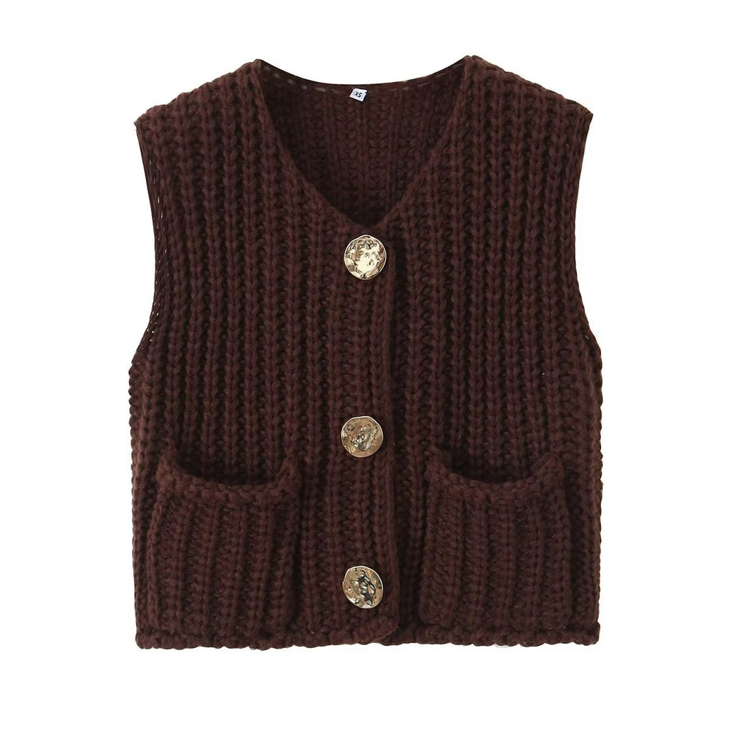 Chunky Rib Knit Button Vest With Pockets - Coffee