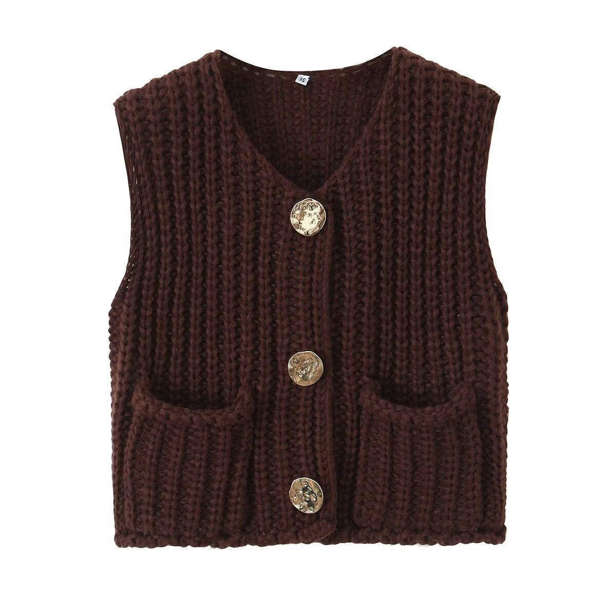 Chunky Rib Knit Button Vest With Pockets - Coffee