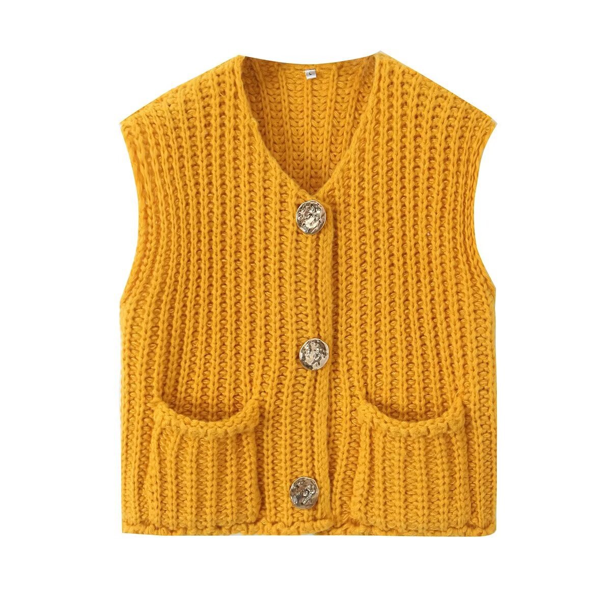 Chunky Rib Knit Button Vest With Pockets - Eyellow