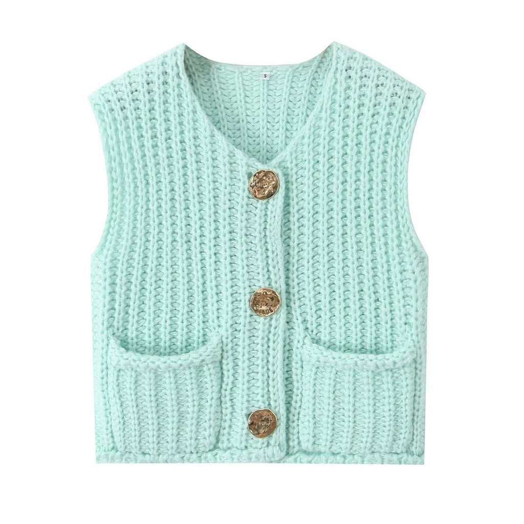 Chunky Rib Knit Button Vest With Pockets - LakeBlue