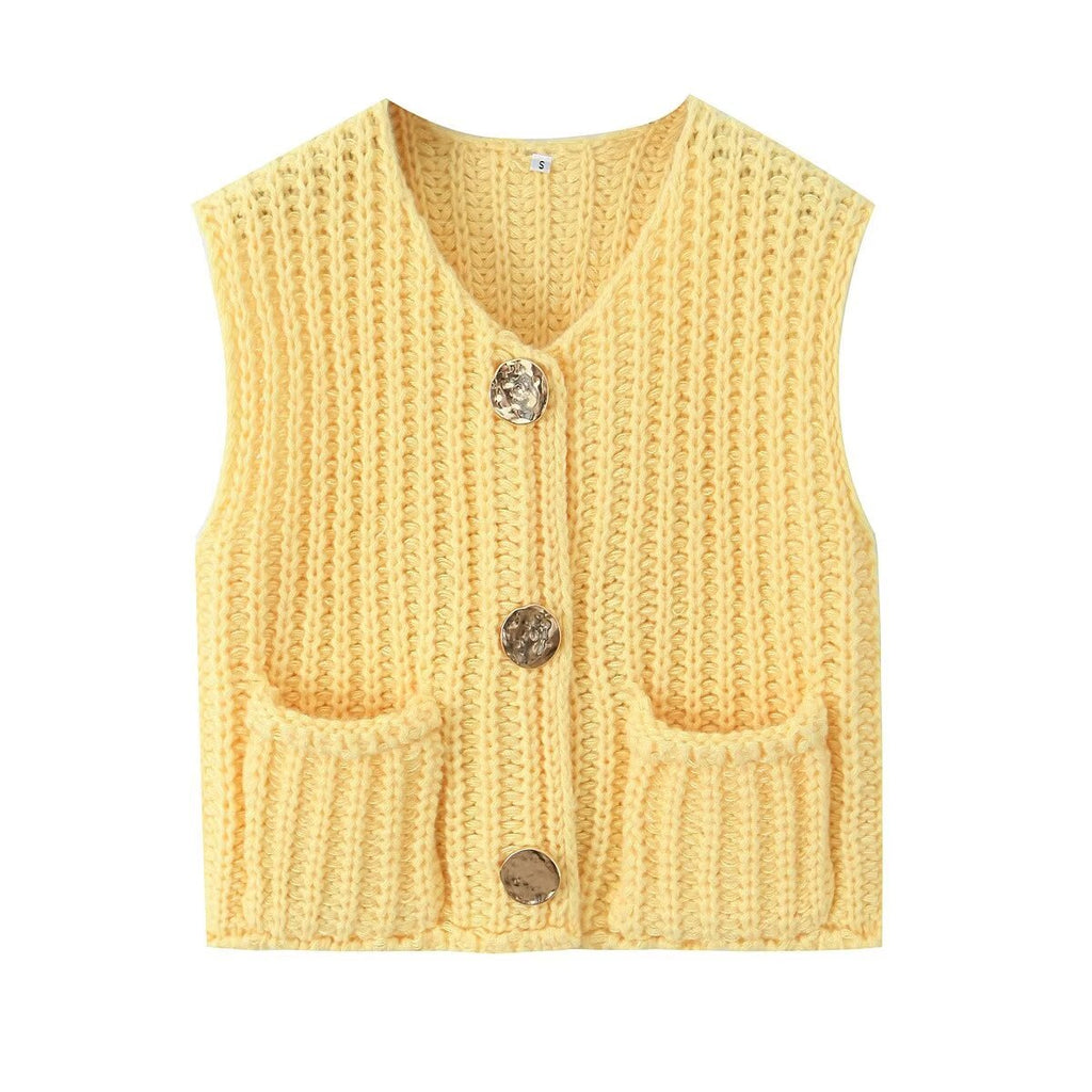Chunky Rib Knit Button Vest With Pockets - Lemon