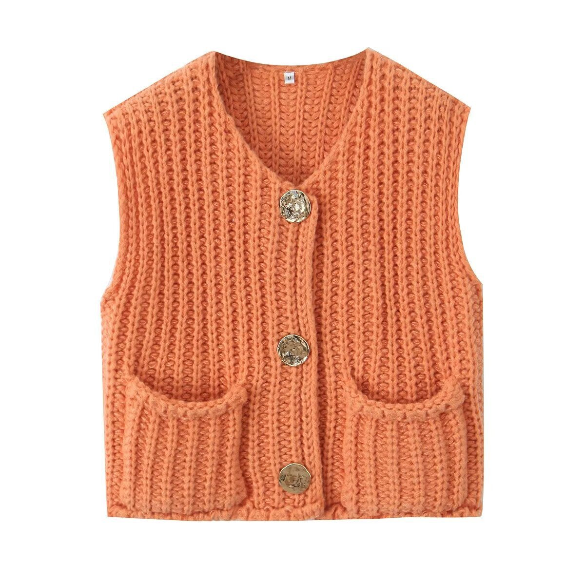 Chunky Rib Knit Button Vest With Pockets - Orange