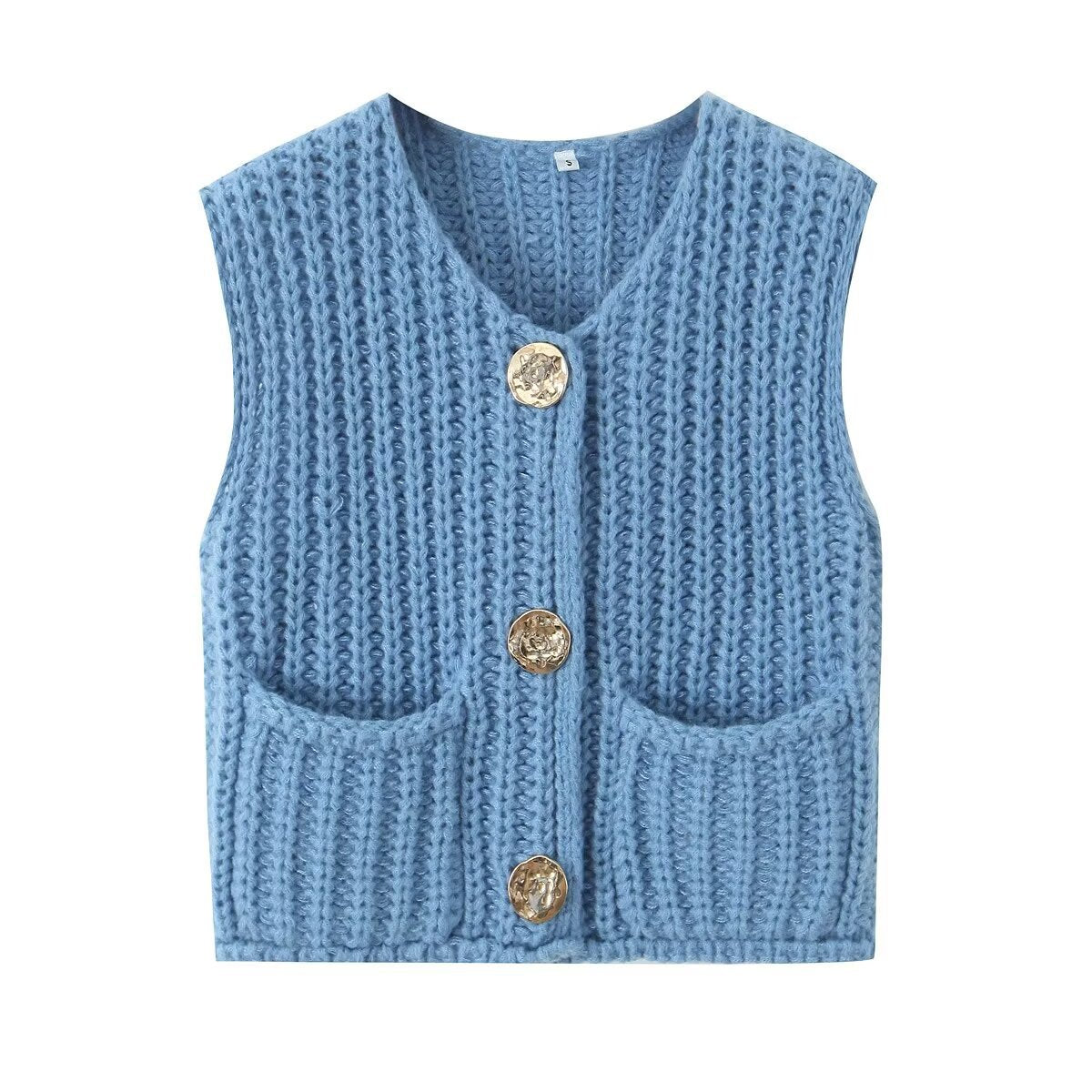 Chunky Rib Knit Button Vest With Pockets - SkyBlue