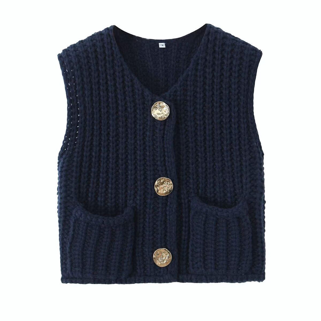 Chunky Rib Knit Button Vest With Pockets - navyblue