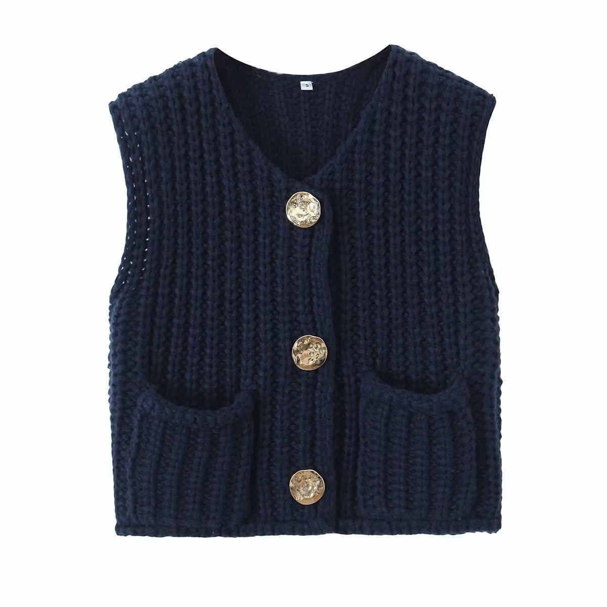Chunky Rib Knit Button Vest With Pockets - navyblue