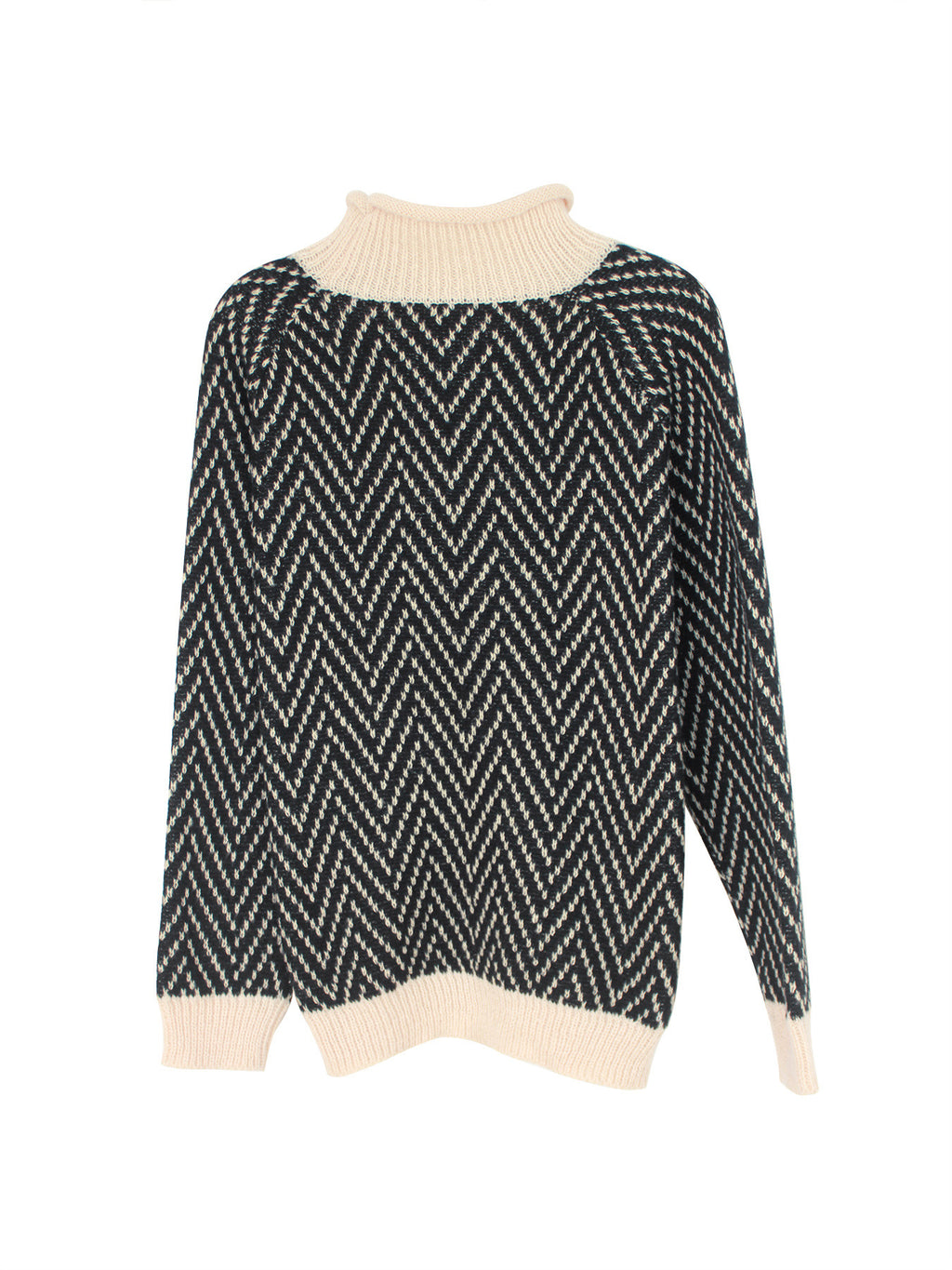 Chevron Knit Mock Neck Contrast Trim Sweater - Black - 2