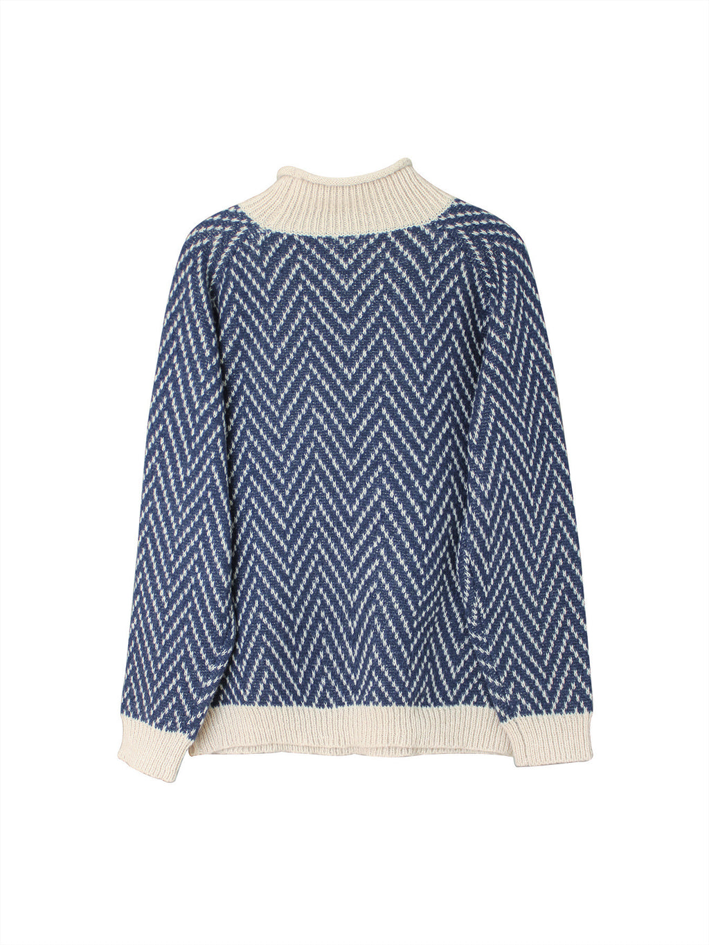 Chevron Knit Mock Neck Contrast Trim Sweater - Blue