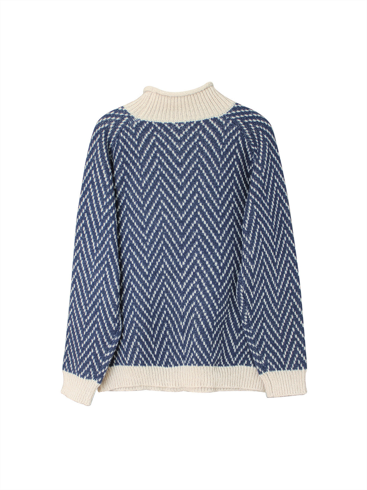 Chevron Knit Mock Neck Contrast Trim Sweater - Blue