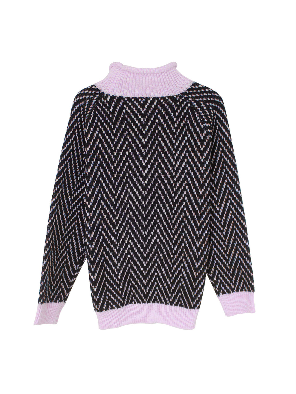 Chevron Knit Mock Neck Contrast Trim Sweater - Pink