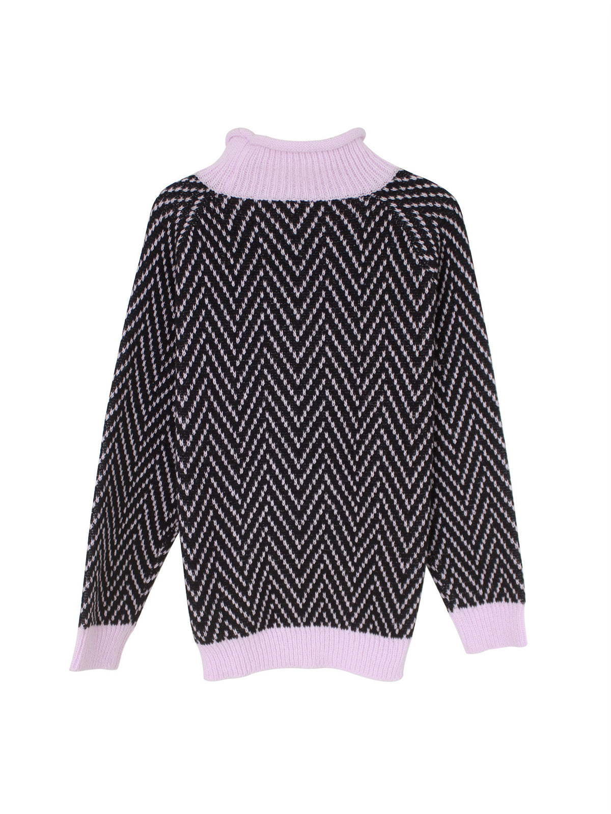Chevron Knit Mock Neck Contrast Trim Sweater - Pink
