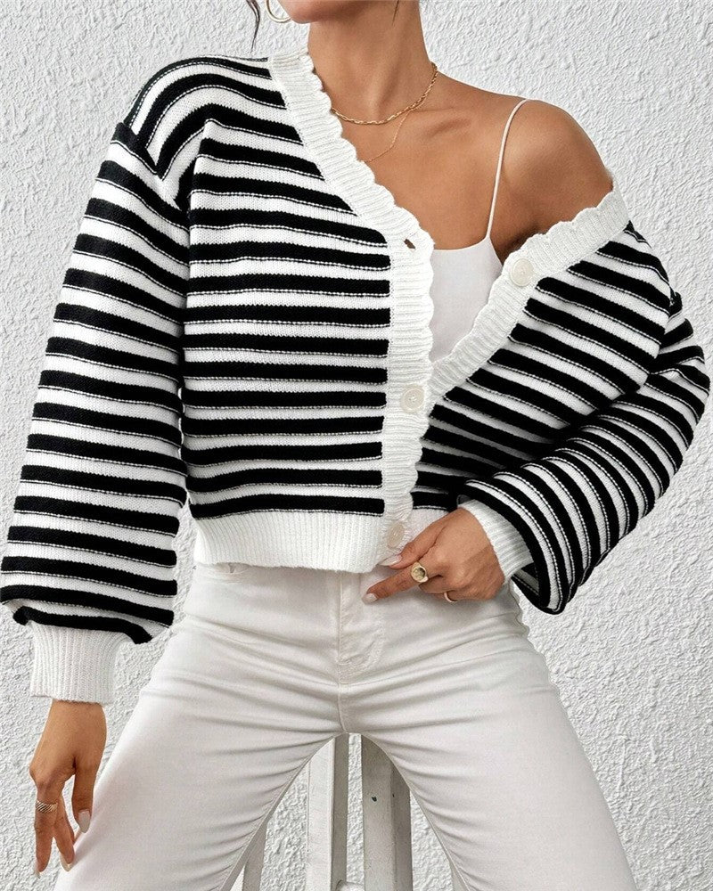 Scalloped Trim Striped Cropped Cardigan - Black - 1
