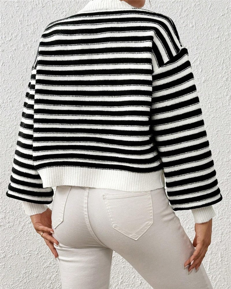 Scalloped Trim Striped Cropped Cardigan - Black - 2