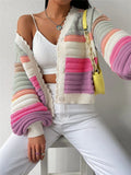 Scalloped Trim Striped Cropped Cardigan - Rainbow