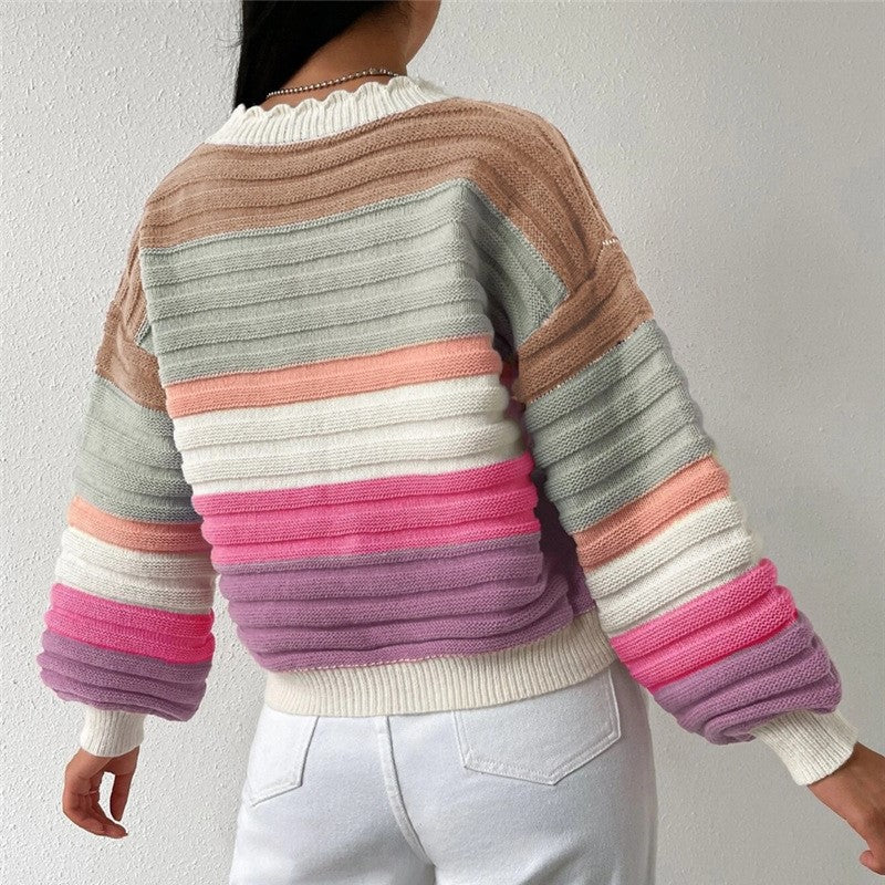 Scalloped Trim Striped Cropped Cardigan - Rainbow - 1
