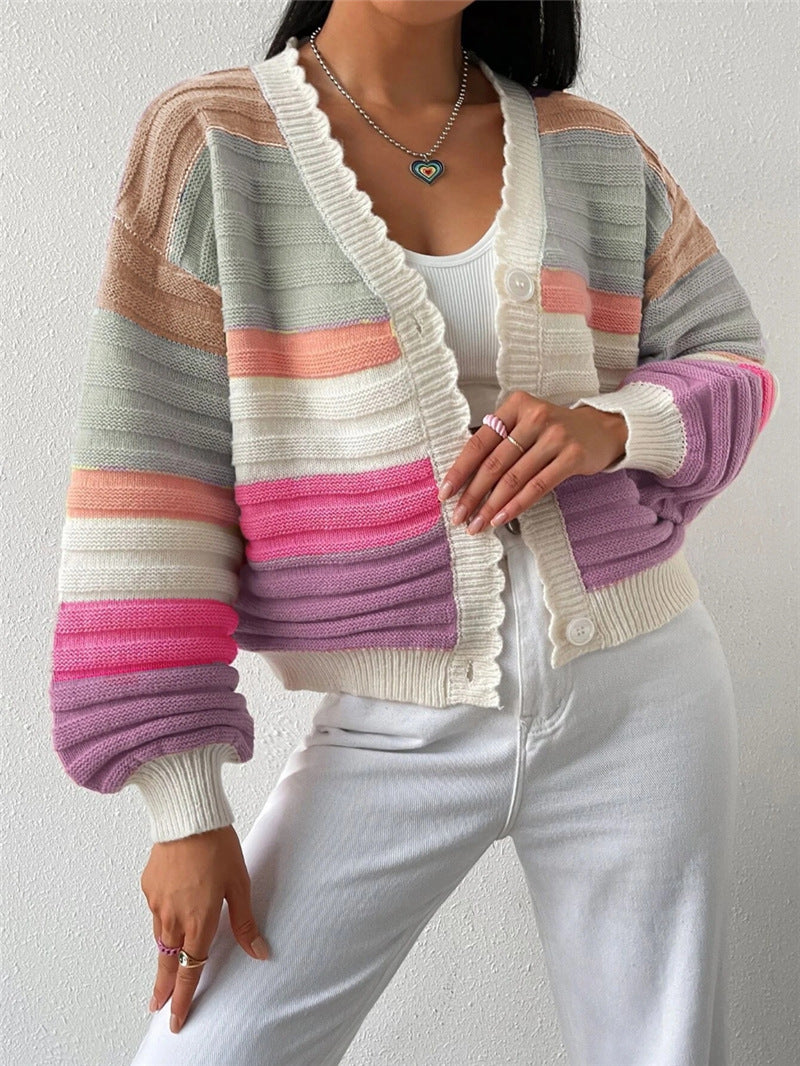 Scalloped Trim Striped Cropped Cardigan - Rainbow - 2