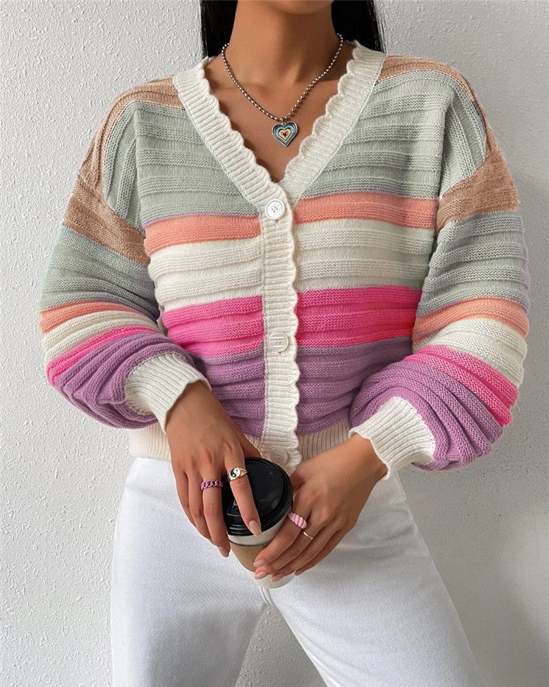 Scalloped Trim Striped Cropped Cardigan - Rainbow - 3