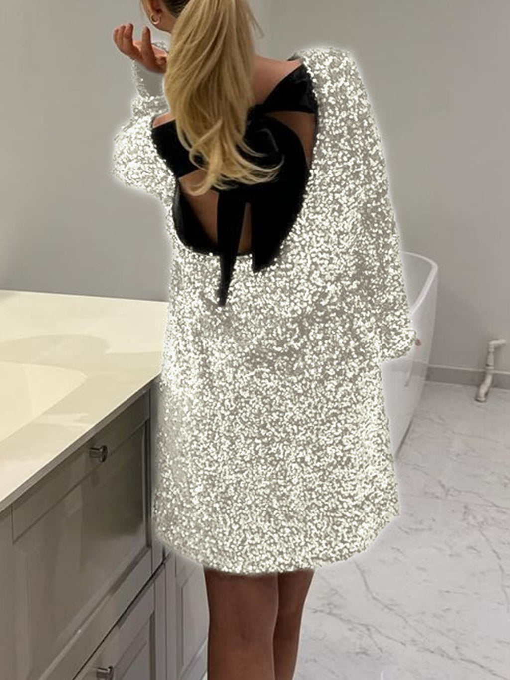 Sequin Open Back Bow Mini Dress - Beige