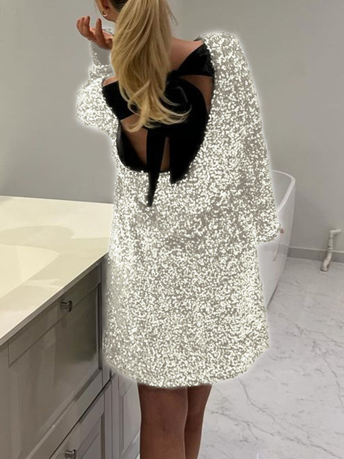 Sequin Open Back Bow Mini Dress - Beige