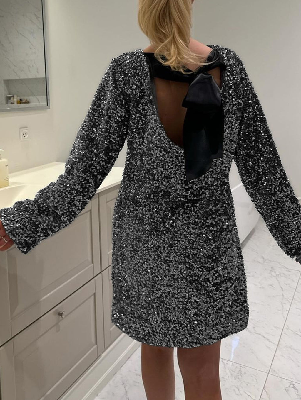 Sequin Open Back Bow Mini Dress - Black