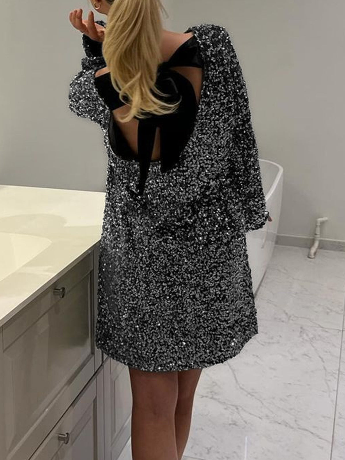 Sequin Open Back Bow Mini Dress - Black - 1