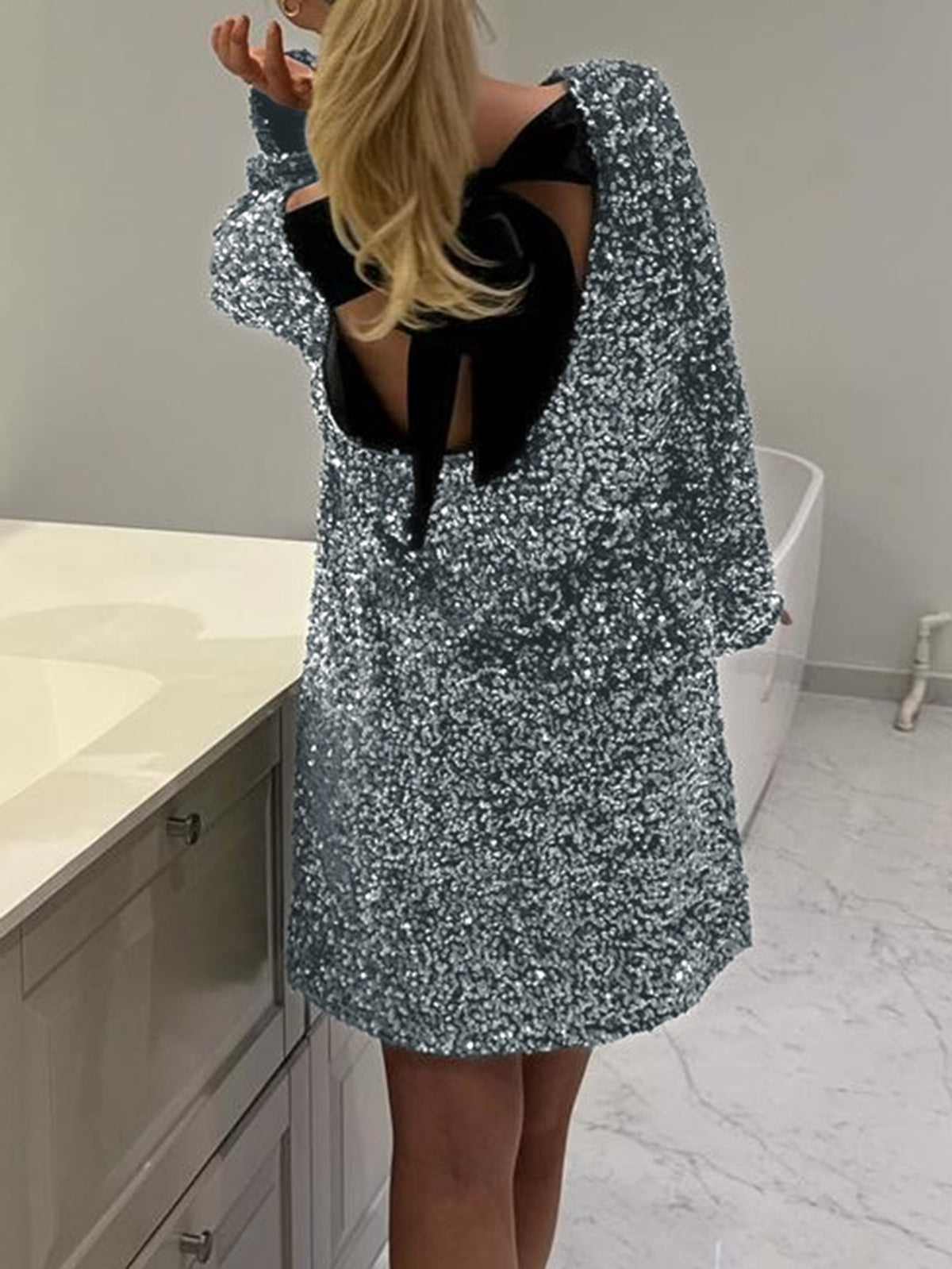 Sequin Open Back Bow Mini Dress - Grey