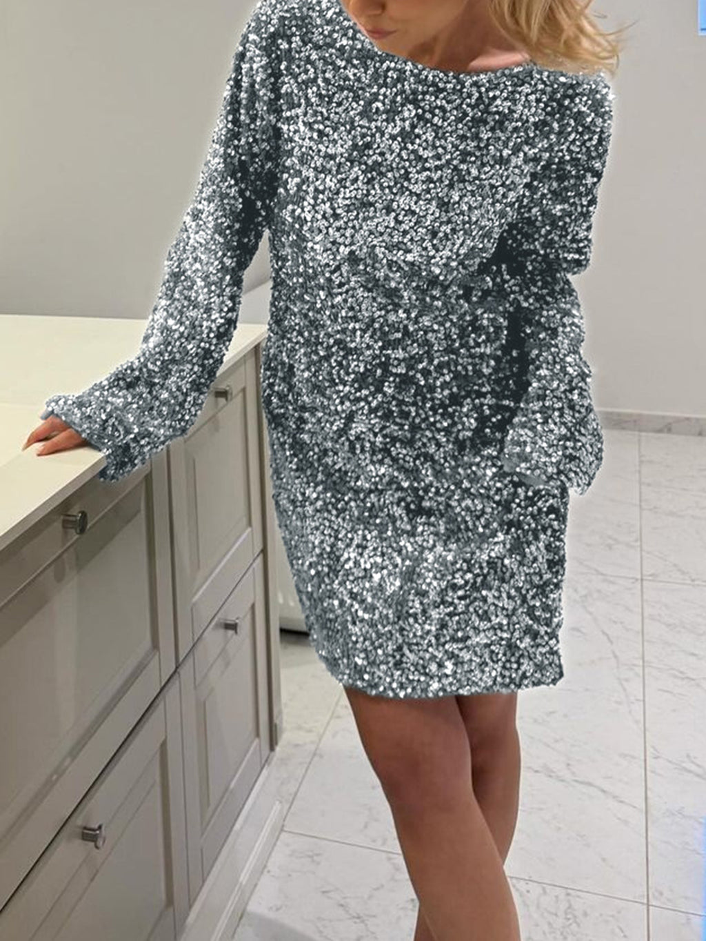 Sequin Open Back Bow Mini Dress - Grey - 1