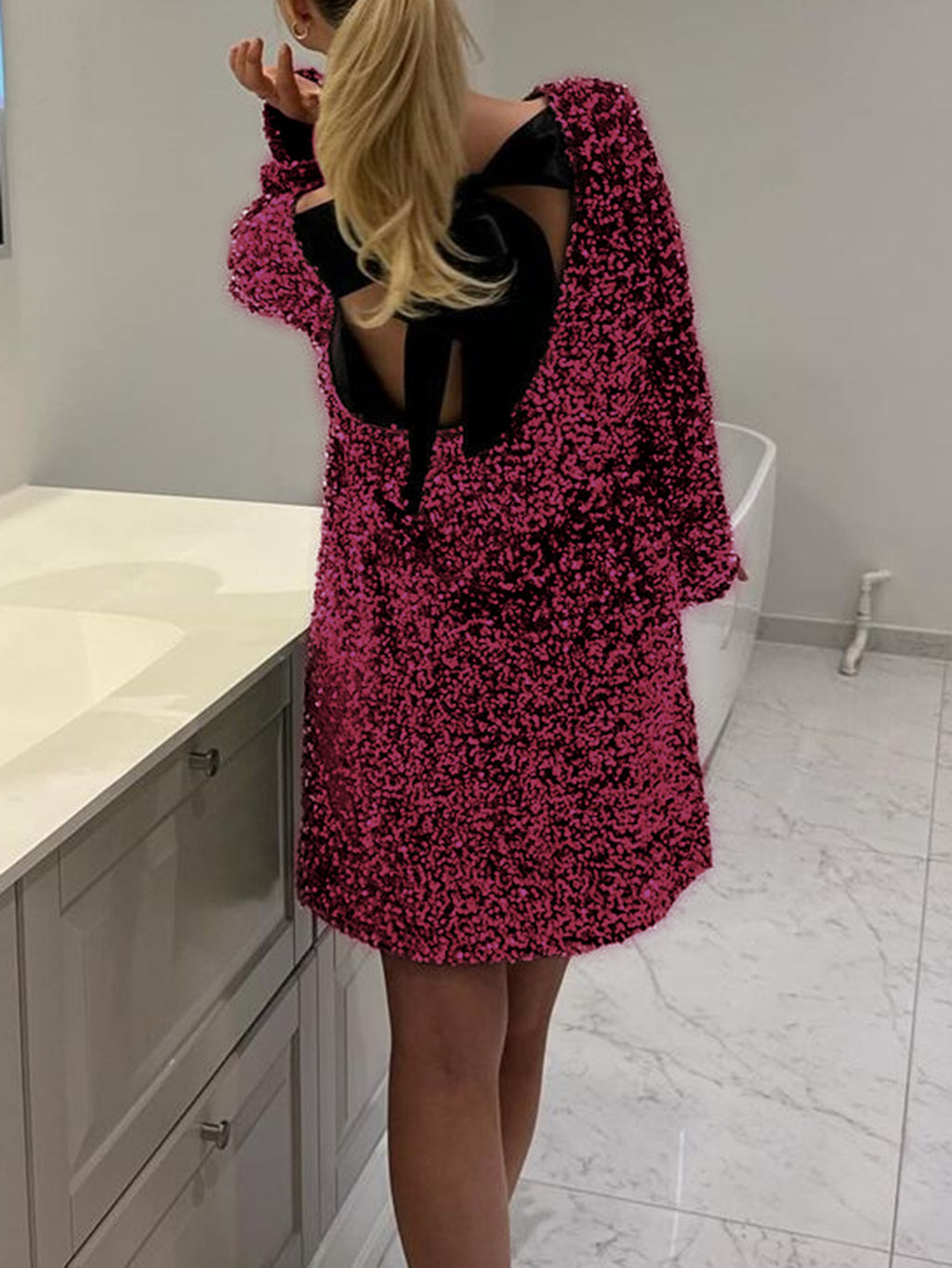 Sequin Open Back Bow Mini Dress - WineRed