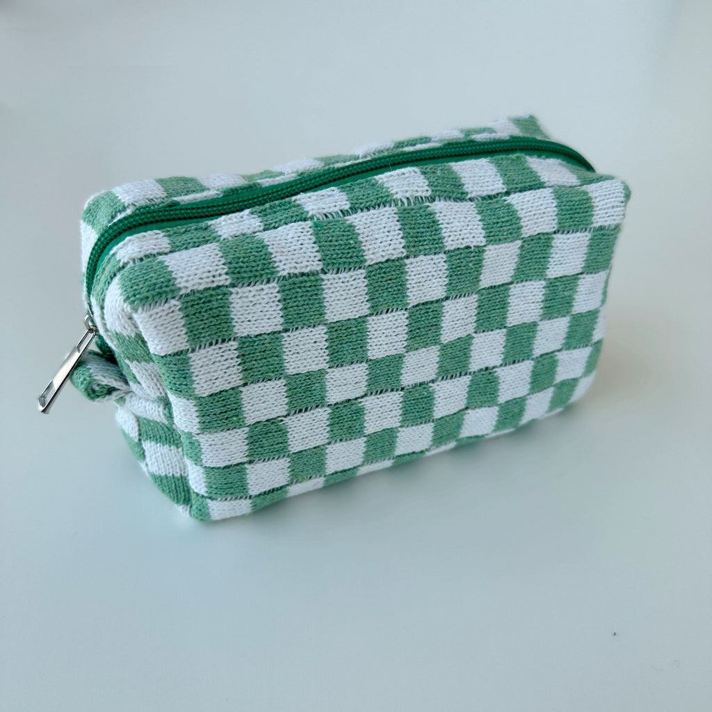 Two Tone Check Knit Makeup Pouch - green