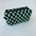 Two Tone Check Knit Makeup Pouch - green-black