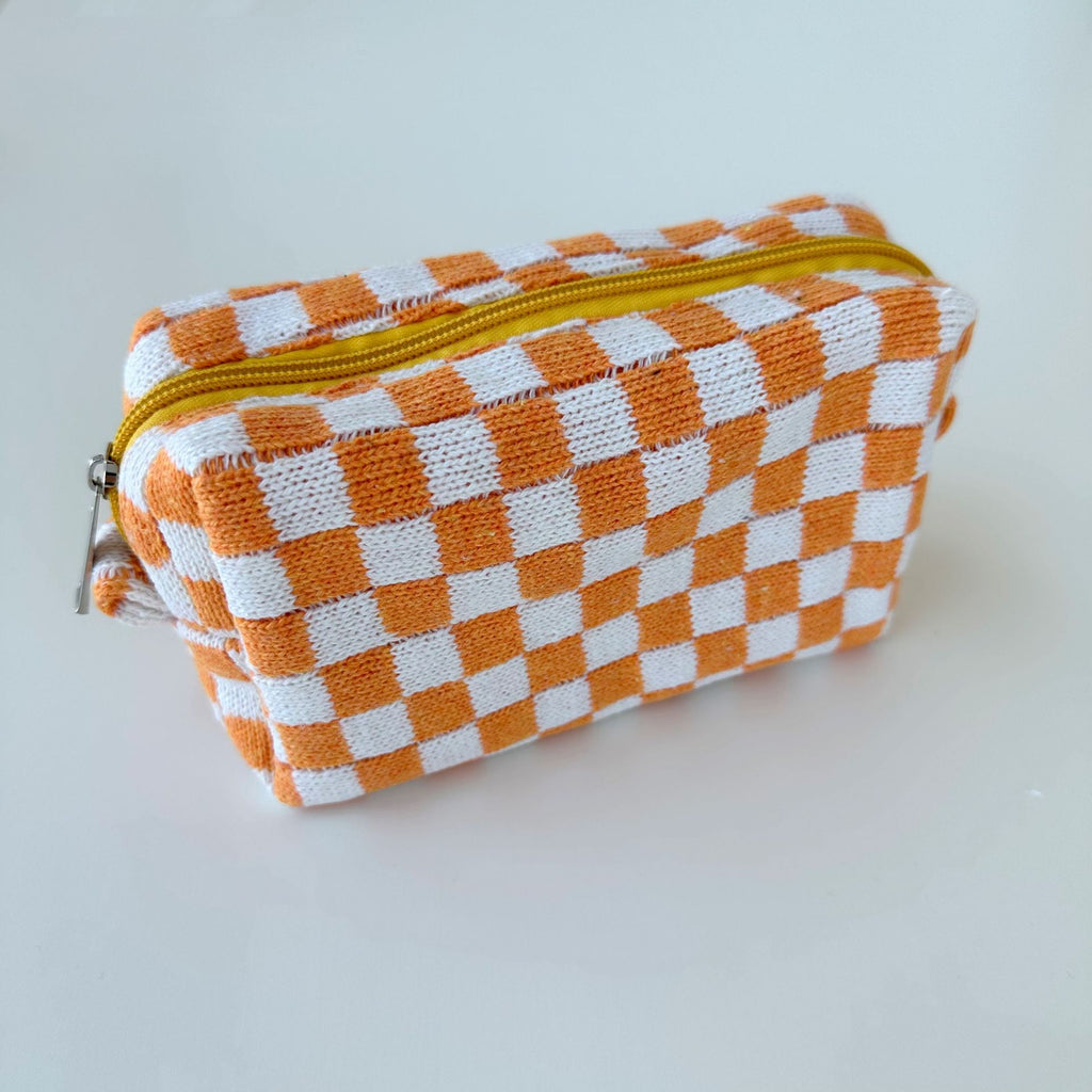 Two Tone Check Knit Makeup Pouch - orange